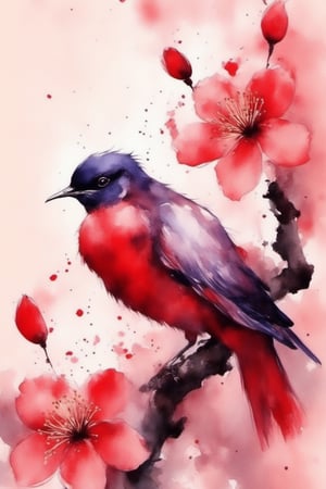 ink, plum flowers, 1bird, red background