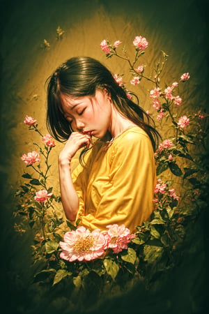 A girl closes eyes, sad expression, , green yellow, pink theme, threads