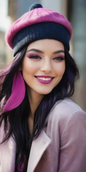 Generate hyper realistic image of a beauty woman with long black hair, a radiant smile, and a stylish hat perched atop her head. Her eyes are closed, capturing a moment of serene happiness. The scene is complemented by a vibrant palette of pink, purple, and multicolored gradient hair. With a playful grin, the woman wears makeup with bold lipstick and eyeshadow, adding a touch of urban chic. A trendy beanie completes her fashionable ensemble.
