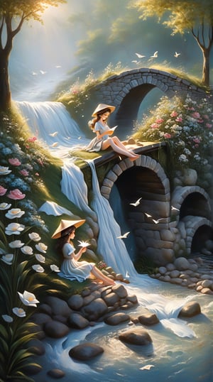 Oil painting, large stream, stone bridge, girl sitting with her feet on a rock in the stream and launching a paper boat, dress, elegantly blowing hair, hat made of woven flowers, pale skin, acrylic, fantasy, detailed eyes, detailed fingers, realistic eyes, painted eyes, white eyelashes, detailed face, bright and bright eyes, dancing lights, highly detailed face, paper boat,