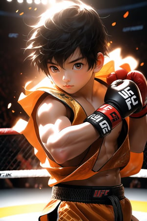 best quality, masterpiece, beautiful and aesthetic, vibrant color, Exquisite details and textures,  Warm tone, ultra realistic illustration,	(cute asian boy, 5year old:1.5), (ufc theme:1.4), ufc Stadium, cute eyes, small eyes,	(a curious look:1.2),	cinematic lighting, ambient lighting, sidelighting, cinematic shot,	siena natural ratio, children's body, anime style, 	head to toe, very Short black hair,  a cute ufc man player's uniform, with a ufc glove, ultra hd, realistic, vivid colors, highly detailed, UHD drawing, perfect composition, beautiful detailed intricate insanely detailed octane render trending on artstation, 8k artistic photography, photorealistic concept art, soft natural volumetric cinematic perfect light. 