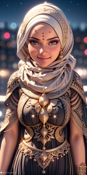 photo realistic, cute girl, hijab, sharp focus, higher realistic, 8k, cute, upper body, glowing lights intricate, praying, elegant, highly detailed, smooth, bored face, lazy smile, background ramadan,