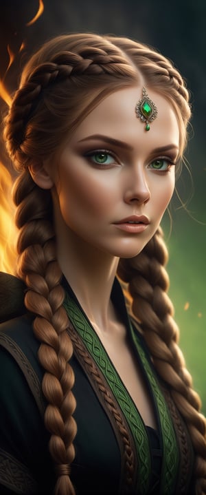 Fantasy style by Shaden Brook, portrait of beautiful slavic woman, light brown hair, detiled braids, black clothes, green eyes, make up, masterpiece, high quality, fire atmosphere, epos style, cinematic art, photorealistic, dark fantasy, dramatic, mystery, drawning by pencils, influence Andrzej Sapkowski