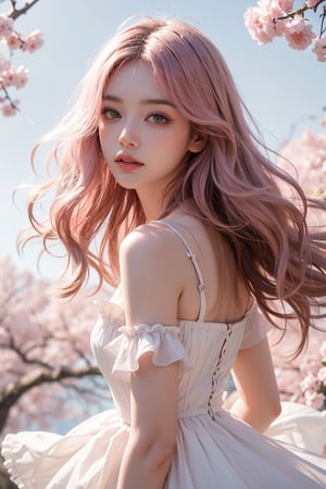 Light pink hair, pink eyes, pink and white, sakura leafs, vivid colors, white dress, paint splash, simple background, ray tracing, wavy hair
