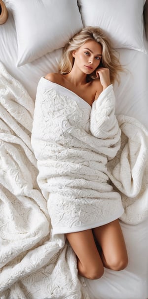 Blond Russian model, beautiful morning, girl wearing white cotton blanket, laying on bed, Ariel view, full body covered by blanket