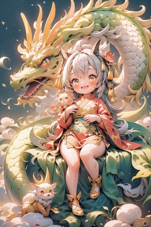 (masterpiece), 1girl in red chinese dress, with a golden dragon, blush, open mouth, smile