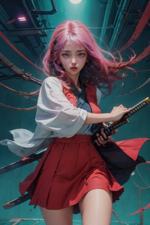 masterpiece, best quality, ultra realistic illustration, 16K, (HDR), high resolution, female_solo, slender hot body proportion , looking at viewer, 1 female samurai , holding sword katana+battoujutsu, (wearing highly detailed red haori+hakama skirt), full-body shot, (white long hair:1.1), (green eyes:1.0), highly detailed background of ancient Japan architecture, neon lights, pink backing lighting, blue front lighting cyberpunk style, add More Detail,Enhance