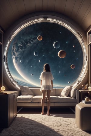 1 girl, photorealistic, Futuristic room, science fiction, a girl looks out a huge porthole, a girl in a transparent large T-shirt up to her knees, a spaceship cabin, neon lights, screens, a sofa on the right, a chair on the left, a table on the left, a bedside table on the right, shelves with books on the left and on the right, inside a spaceship, space outside, planets, stars, planets with rings, transparent, photorealistic