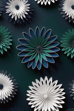 3D Spirograph flowers,colours are white and midnightblue and deep green and gray,black background,dramatic studio lighting