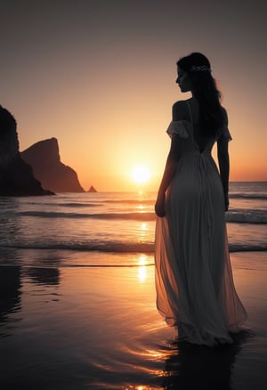 high quality, 8K Ultra HD,a young girl with a long dress, sunset coast should serve as the underlying backdrop, with its details incorporated into the goddess , crisp lines, The background is monochrome, sharp focus, double exposure, awesome full color,