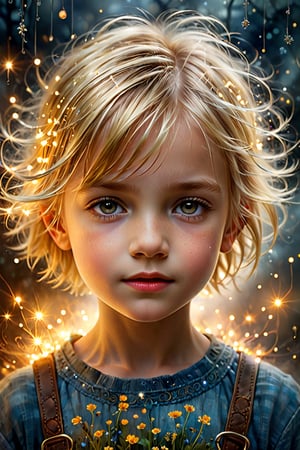 art by Mandy Disher, digital art 8k, fairytale, symbolism, dynamic poster, a beautiful 10 year old girl with short messy blonde hair, foggy night, complex background, meticulously detailed tempera portrait, stardust, sharp focus, emitting diodes, smoke,