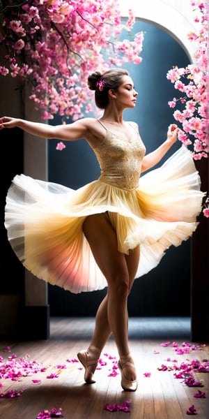 Generate hyper realistic image of a scene where the woman is surrounded by floating and vibrant blossoms, resembling a captivating ballet of colors. Use dynamic compositions to capture the whimsy and beauty of this floral dance.