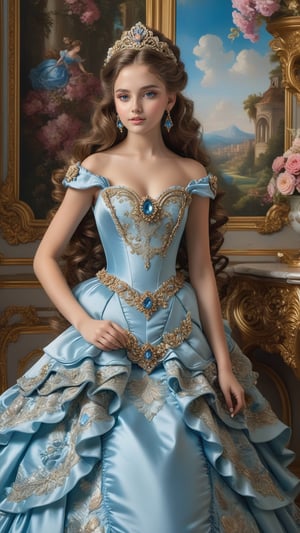 best quality, masterpiece,	

Envision a princess with BROWN hair, 15 years old, blue dress,  styled in a Rococo-inspired fashion, adorned with an abundance of flowers and jewels that add to her regal and ethereal appearance. Her gown is a masterpiece of Rococo elegance, featuring elaborate ruffles, pastel colors, and ornate decorations that capture the extravagance of the period. She is set against a backdrop of a lavish Rococo palace, with intricate wall murals, opulent furniture, and a grandiose atmosphere, perfectly complementing her majestic and refined presence. ultra realistic illustration,siena natural ratio, ultra hd, realistic, vivid colors, highly detailed, UHD drawing, perfect composition, ultra hd, 8k, he has an inner glow, stunning, something that even doesn't exist, mythical being, energy, molecular, textures, iridescent and luminescent scales, breathtaking beauty, pure perfection, divine presence, unforgettable, impressive, breathtaking beauty, Volumetric light, auras, rays, vivid colors reflects.