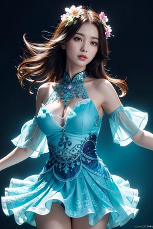 masterpiece, top quality,1 realistic girl, colorful flower dress, , mixed lighting, medium shot, unity wallpaper 8k,highly detailed,beautiful and aesthetic,beautiful,masterpiece,best quality,dynamic angle,beautiful chaos forms, chaotic energy,elegant,vivid color,romance,in transparent Aqua dress,face detail,skin detail,front,part body top, underwater background, complex, detailed isometric fractal bioluminescence: stunning photo realistic, dynamic poses