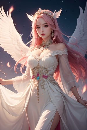 Cute face, (masterpiece, top quality, best quality, official art, beautiful and aesthetic), 1girl, gorgeous long dress, fractal clothes, jewelry, headpiece jewelry, long white and pink hair, angel wings, floating objects, pastal colours