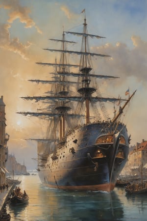detailed full-length picture, masterpiece, best quality, ultra high resolution, visually stunning, beautiful, award-winning art (abstract art: 1.3), beautiful ))), a huge 1500's ship docked in a harbor of a huge city, Watercolor, trending on artstation, sharp focus, studio photo, intricate details, highly detailed, by greg rutkowski, more detail XL, hyper detailed, realistic, oil painting, by julie bell, frank frazetta, cinematic lighting