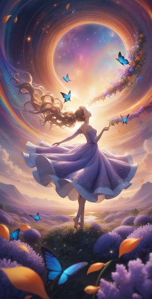 In a surreal dreamscape, a young girl floats effortlessly among the clouds, her body forming the kernel of a blossoming flower. Her torso and head make up the vibrant orange center of the bloom, surrounded by layer upon layer of silky lavender petals that extend outward into her flared dress. Fine vines and leaves curl around her ankles and wrists, binding her gently to the mystical plant. Her eyes are closed serenely and her chestnut hair flows in soft waves, mirroring the curve of the petals cradling her. One delicate hand extends outward, a single butterfly taking flight from her open palm. In the atmospheric sky surrounding the living flower, iridescent bubbles drift and swirls of butterflies flit about in a rainbow of jewel tones. Distant planets and stars twinkle in the purple-tinged heavens. Below, a serpentine river winds through a checkered landscape of abstract geometric patterns rendered in stained glass. The entire transcendent scene evokes the dreamy, symbolic naturalism of artists like Josephine Wall and the astral innocence of works by Camilla d'Errico. A distinct celestial sense of lightness and wandering imagination pervades., hairup1, cinematic, col, sam yang,