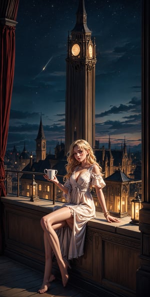 Masterpiece, 16k, intricate details, highest resolution, long shot, perfect lighting, unreal engine, colorful, elaborate and detailed scene, the most beautiful girl, long wavy blonde hair, wide shot, "Prepare for a captivating vision: An enchanting European woman seated gracefully on a tower balcony under a starry night sky, relishing her coffee. Her whimsical nightdress, teasingly absent of pants, adds an artistic twist. Amidst the magic, a daring thief ascends the tower in the backdrop" 