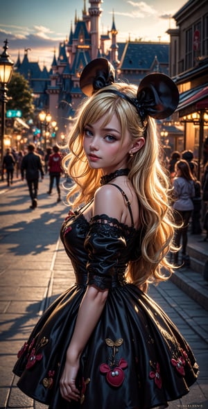 Masterpiece, 16k, intricate details, highest resolution, long shot, perfect lighting, unreal engine, colorful, elaborate and detailed scene, the most beautiful girl, long wavy blonde hair, wide shot, Disneyland, Disney headband, Mickey Mouse ears, cute dress, cute pose, soft smile