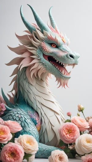 Front shot of a Chinese dragon made by multi flowers, in pastel soft color, focus on dragon head, dreamy theme, in the style of Tim Walker, long shot, clean white background,



