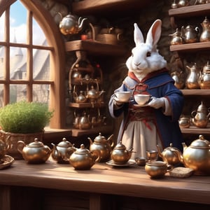 Rabbit Every Monday, in magic art style, makes tea in medival tea shop, very friendly, fluffy