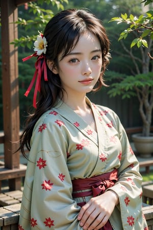Best quality, masterpiece, ultra high res, (photorealistic:1.4), raw photo,1girl, solo, realistic, looking at viewer, upper body,kimono, japanese traditional hairdo,  