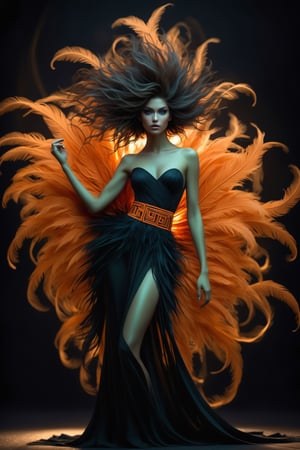 (masterpiece), Slender woman holds a fan of natural Orange ostrich feathers in her hand, (she places the open fan of Orange ostrich feathers on her waist, as if it were a belt. This highlights her figure and her style), The image has A geometric art style, with simple shapes and solid colors, which give it an elegant and sober look, real and detailed, highlights the color of your eyes, the image must be high impact, the background must be dark and contrast with the figure of the girl, The image must have a high detail resolution of 8k, (full body), (artistic pose of a woman),Leonardo Style,A girl dancing,Face makeup,DonMM4g1cXL ,darkart,orbstaff,DonMD34thM4g1cXL