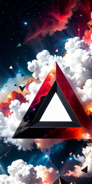 close up angle of (( on the cloud), (Red, black, white colour triangle ),()detailed focus, deep bokeh, beautiful, , dark cosmic background. Visually delightful , 3D,ULTIMATE LOGO MAKER [XL],more detail XL