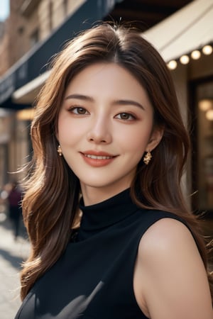 (masterpiece, Best Quality, photorealistic, ultra-detailed, finely detail, high resolution, 8K wallpaper), a close-up portrait of 1 beautiful woman, standing in the city, earrings, necklace, smiling happily, light-brown messy long hair, in black business suit, white collared shirt, unbuttoned, sharp-focus, large-sized breasts, perfect dynamic composition, beautiful detailed eyes, detailed hair, detailed realistic skin texture, a cover of a fashion magazine, professional photography, 