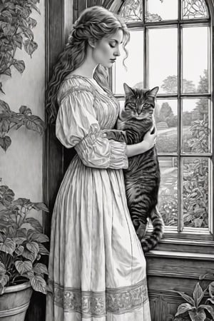 Create a black and white drawing,

made with fine lines,

a full-length drawing of a very beautiful young woman,

caressing a cat in its garden,

behind a window, looking at the sunset,


 in the style of Albrecht Dürer, Egon Schiele and Joseph Mallord William Turner,

great black and white portrait,

photorealistic, exhibition,

intricate, contrasts and very detailed