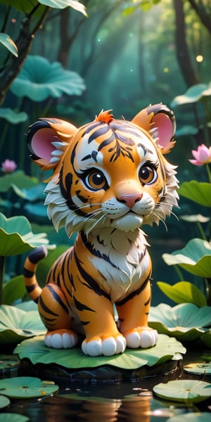 close up angle of ((cut toy),(3d tiger )) surrounded by forest, Lotus pond, animal, detailed focus, deep bokeh, beautiful, , dark cosmic background. Visually delightful , 3D,more detail XL,chibi,