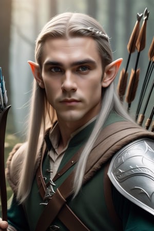 Handsome young elf male with silver long hair is hunting with bow and arrows, fantasy, a masterpiece, 8k resolution concept art portrait, fantasy concept art,photo r3al