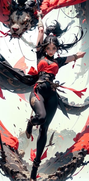 Best quality, masterpiece, ultra high res, 1 girl, beautiful face, detailed skin, gu, dragon, full body, weapon, black hair, holding a ribbon and swinging a gleaming weapon of war, blood, arm guards, male focus, looking at viewer, black eyes, tabi, floating hair, full body, slender legs, red yellow white and black, saramonial ribbons of war that slash tear and kill, the drums of battle are sounding, hands up,Detailedface