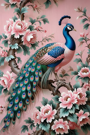 
Peacock screen, floral decoration, Rococo pastel style, Tang Dynasty, realistic oil painting, light pink and pink, 32k UHD, pleasing harmony, multi-dimensional shading