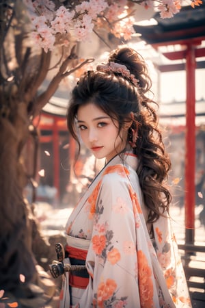 1girl, Sweet face, full body, very huge breasts, charming eyes, looking to audience, {beautiful and detailed eyes}, eye smile, ((nervous and embarrassed)), sexy lips, delicate facial features,((model pose)), Glamor body type, (dark hair:1.2),  long ponytail, curly hair, Female Samurai, {{holding a Japanese Sword}}, beautiful hanfu(orange, transparent), Japan temple, spring morning, under sakura tree, (sakura petals scattered), flim grain, masterpiece, Best Quality, natural and soft light photorealistic, ultra-detailed, finely detailed, high resolution, sharp-focus, glowing forehead, perfect shading, highres, photorealistic,perfect