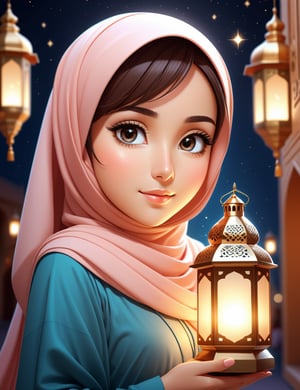 flat vector art, woman, beautiful anime style woman Carrying a ramadan lantern, rosy glow, flat color, wide angle, clean detailed faces, Luminous Studio graphics engine, 3D, chibi, cute, hijab, sharp focus, higher realistic, 8k, full body, glowing lights intricate, elegant, highly detailed, digital art, concept art, smooth, illustration, squinting eyes, ramadan background, perfect complexion and captivating eyes, background ramadan, cinematic light,