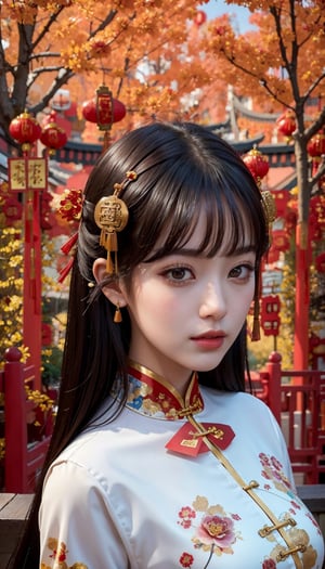 (masterpiece, top quality, best quality, official art, beautiful and aesthetic:1.2), hdr, high contrast, wideshot, 1girl, long straight black hair with blunt bangs, looking at viewer, light smile, clearly brown eyes, longfade eyebrow, soft make up, ombre lips, hourglass body, large breast, (chinese new year theme:1.5), finger detailed, background detailed, ambient lighting, extreme detailed, cinematic shot, realistic ilustration, (soothing tones:1.3), (hyperdetailed:1.2)