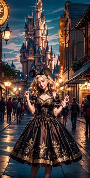Masterpiece, 16k, intricate details, highest resolution, long shot, perfect lighting, unreal engine, colorful, elaborate and detailed scene, the most beautiful girl, long wavy blonde hair, wide shot, Disneyland, Disney headband, Mickey Mouse ears, cute dress, cute pose, soft smile
