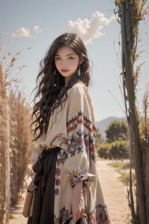 (masterpiece, cowboy shot), 1girl, long hair, looking at the viewer, standing, smiling, earrings, necklace, sandals, outdoors, grassland, windy, sunshine, FOLK