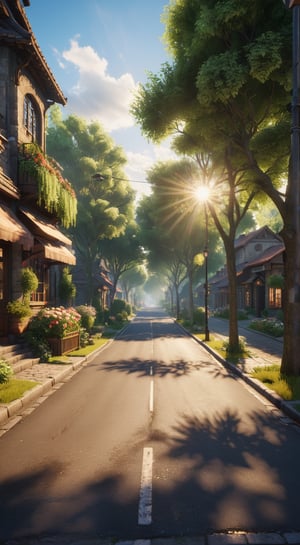 Breathtaking view of a beautiful outdoor Street, clean road detailed nature, [one piece anime landscape:normal Street:0.5], beautiful sunlight,pleasant atmosphere, amazing details, unreal engine 5, ultra HD, 8k, intricate, masterpiece