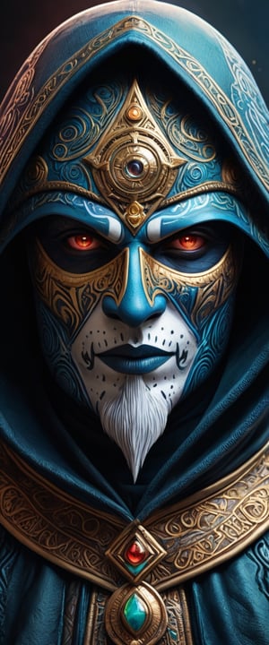 Full facial mask on a hooded magician warrior adorned with asymmetric designs, interwoven arcane and illuminati symbols including Eye of Horus, vibrant hues, hyperdetailed, elaborate craftsmanship, mysterious aura, digital painting, digital illustration, extreme detail, 4k, ultra HD.