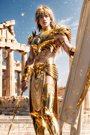 With the majestic Parthenon as a backdrop, a young man stands proudly in his Saint Seiya Gold Pegasus armor, ready to unleash the power of the Cosmo Effect. ((Youth, power, Saint Seiya, Gold Pegasus, armor, Cosmo Effect, Parthenon, majestic))