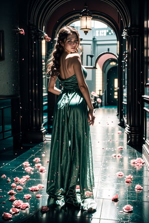 Xxmix_girl, a woman wearing a long elegant dress that covers the floor, she has long braided hair and green eyes, (large breast), ((twirling dress)), (smile:1), looking back at viewer, back, walking down an asymmetrical carpet, sun rays, white and teal tones, futuristic huge palace hallway, (fantasy clothing), throne, light is beaming down to her, (cinematic lighting), (((pink rose petals falling))), glitter, ray tracing, green, heavy contrast, RAW photo, (detailed face), (aesthetically pleasing), soothing tones, unique, intricate designs, (ultra detailed:1.4),