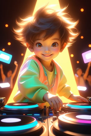 best quality, masterpiece, beautiful and aesthetic, vibrant color, Exquisite details and textures,  Warm tone, ultra realistic illustration,	(cute asian Boy, 6year old:1.5),	(DJing theme:1.4), cheering spectators,	cute eyes, small eyes,	(a beautiful smile:1.1),	cinematic lighting, ambient lighting, sidelighting, cinematic shot,	siena natural ratio, children's body, anime style, 	head to toe,	long Straight Light Brown hair,	wearing a Hip-hop style outfits,	ultra hd, realistic, vivid colors, highly detailed, UHD drawing, perfect composition, beautiful detailed intricate insanely detailed octane render trending on artstation, 8k artistic photography, photorealistic concept art, soft natural volumetric cinematic perfect light. 