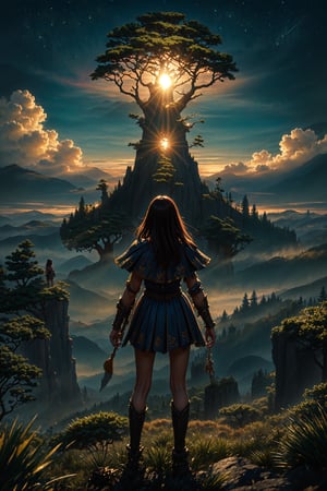 masterpiece:1.2, best quality:1.2, beautiful, high quality, extremely detailed, The giant world tree grows above the mist that spreads on the ground , The leaves of the giant world tree ((spread all over the sky)) to the out of frame, The back view of warrior girl standing at the top of a mountain. She is staring at the World Tree,no humans,blurry_light_background
