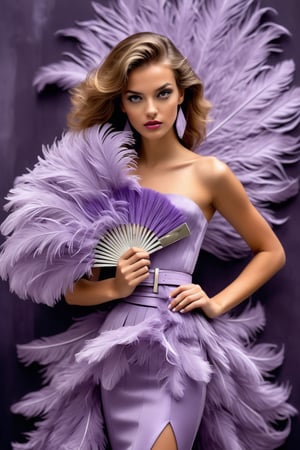 (masterpiece), Slender woman holds a fan of natural lilac ostrich feathers in her hand, (she places the open fan of lilac ostrich feathers on her waist, as if it were a belt. This highlights her figure and her style), The image has A geometric art style, with simple shapes and solid colors, which give it an elegant and sober look, real and detailed, highlights the color of your eyes, the image must be high impact, the background must be dark and contrast with the figure of the girl, The image must have a high detail resolution of 8k, (full body), (artistic pose of a woman),Leonardo Style,A girl dancing,Face makeup