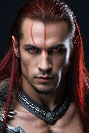 1man, ((blank background)), vibrant colors, head and shoulders portrait, long_hair, pale, red_eyes, warrior, werewolf