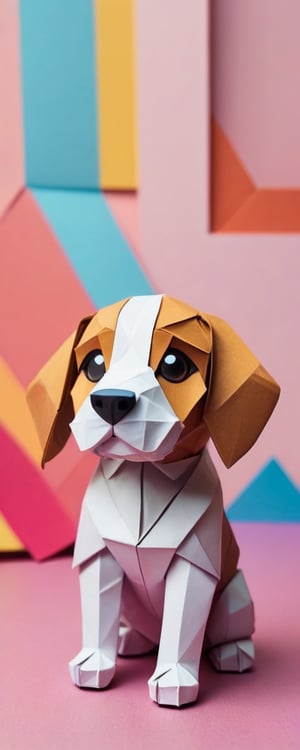 (beautiful and aesthetic:1.4), create a minimalist image of an origami beagle puppy, smile, colorful, vibrant colors, well lit background,