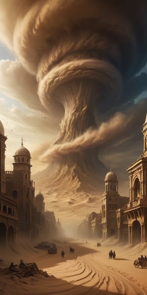 Imagine a colossal, sentient sandstorm consuming a desert city, its swirling vortex infused with the anguished screams of those trapped within. Within the swirling heart, monstrous sand wraiths writhe and claw, their forms ever-shifting nightmares composed of dust and despair.
