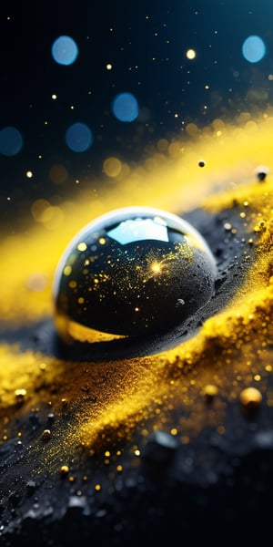 close up angal ((on the )) , (( yellow  black dust) , detailed focus, deep bokeh, beautiful, dreamy colors, black dark cosmic background. Visually delightful ,3D,more detail XL , ,more detail XL